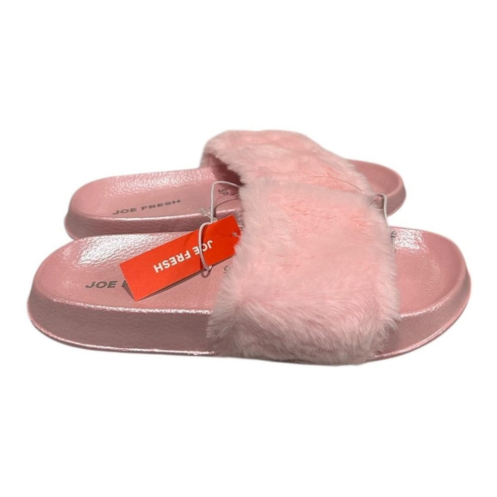 Joe Fresh Slippers Girls Size 12.5 Pink Faux Fur Slide House Shoes Cozy Indoor
